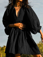 Summer Casual Pleated V Neck Lace Up Lantern Sleeve Boho Dress